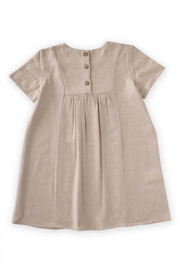 Etnik Desen Baskılı Keten Elbise 2-7 Yaş Naturel