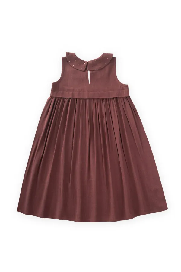 Bebe Yaka Nakışlı Keten Elbise 2-7 Yaş Mürdüm