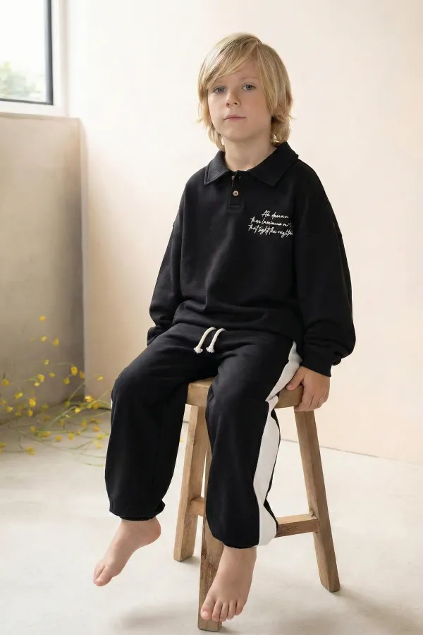 Embroidered Collar Sweatshirt Set, Ages 2-10, Black