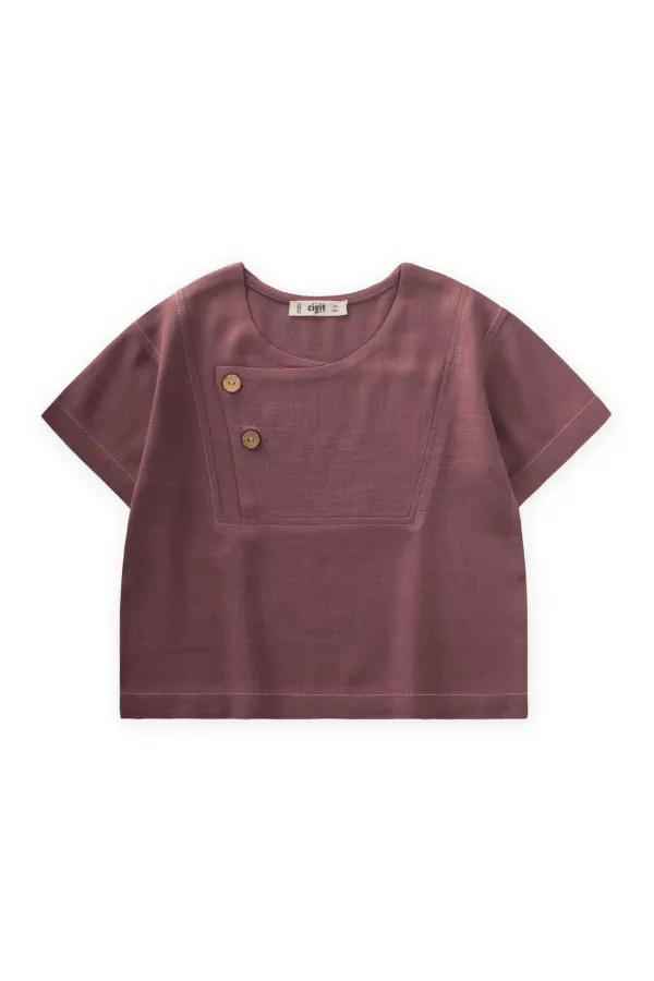 Kontrast Dikişli Keten Bluz 2-7 Yaş Mürdüm