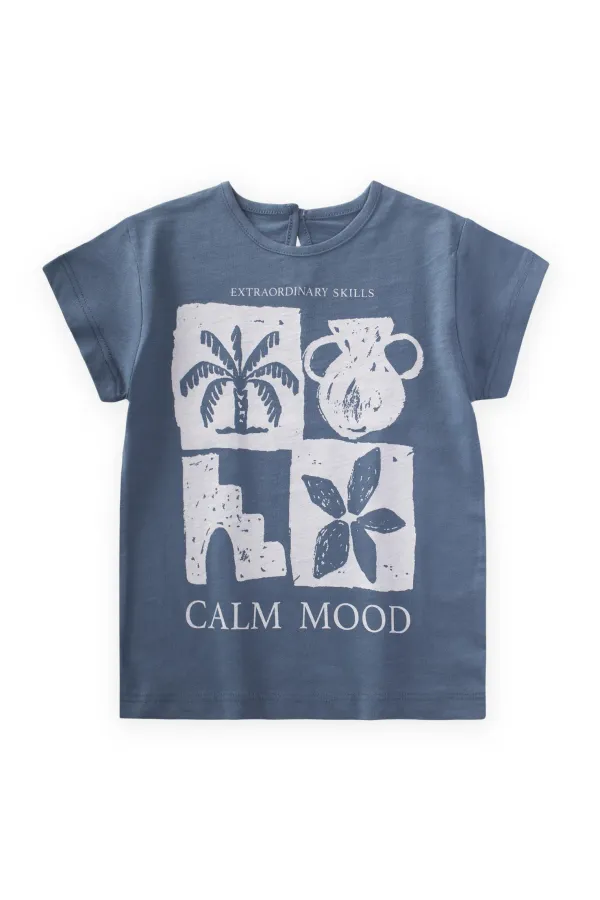 Calm Mood Baskılı T-Shırt 3-8 Yaş İndigo Mavi