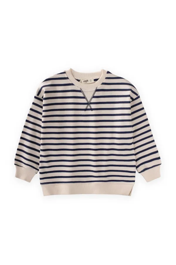 Striped Cardigan Detailed Seasonal Sweater for 2-12 Years Old Navy Blue