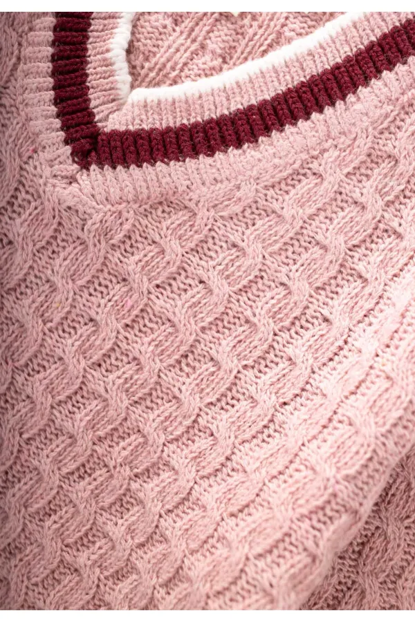 Saç Örgü V Yaka Kazak 2-9 Yaş Pudra Pembe