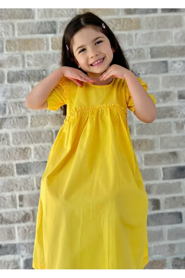 Robadan Fırfır Büzgülü Poplin Elbise 2-7 Yaş Sarı
