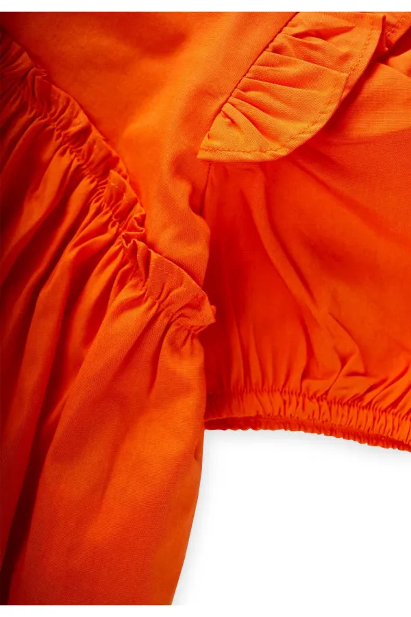 Robadan Fırfır Büzgülü Poplin Elbise 2-7 Yaş Turuncu