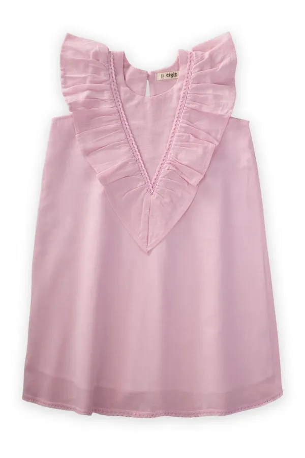 Robe rose avec ourlet et dos en dentelle pour les enfants de 2 à 7 ans