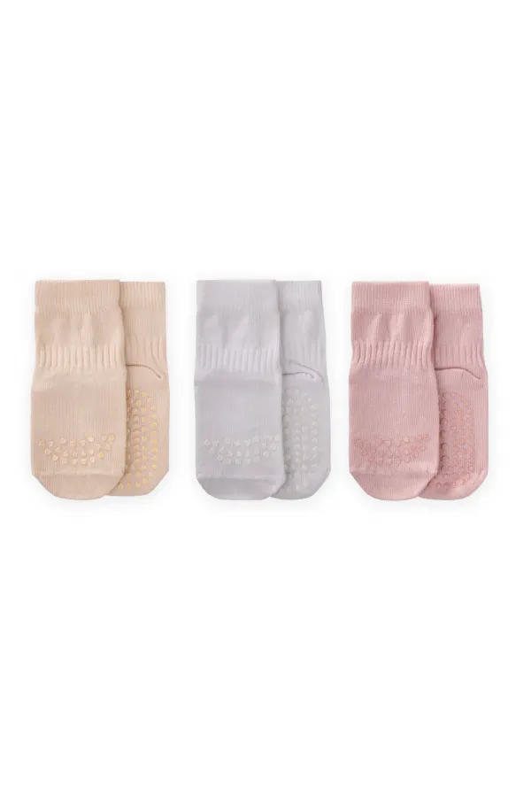 Chaussettes triple action antidérapantes et faciles à ramper, 1-4 ans, rose poudré, sable, blanc