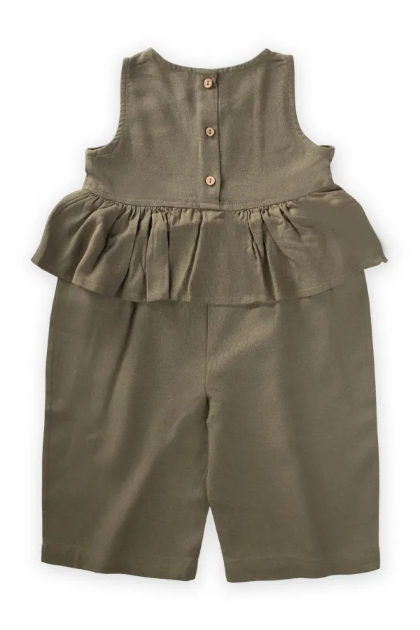 Beli Volanlı Keten Tulum 2-7 Yaş Haki Yeşil