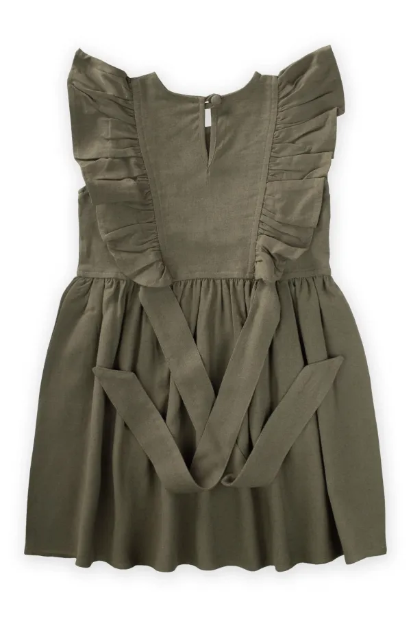 Yanları Bağcıklı Keten elbise 2-7 Yaş Haki Yeşil