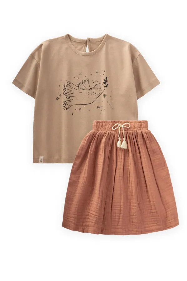 Ensemble jupe et jupe en mousseline beige à imprimé oiseaux et détails en pierre, pour enfants de 2 à 8 ans.