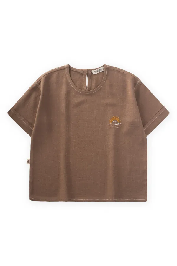 Sun Embroidered Linen Blouse 2-7 Years Old Caramel