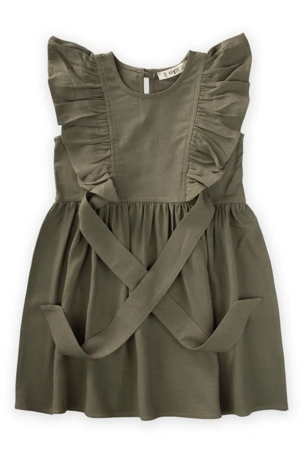 Yanları Bağcıklı Keten elbise 2-7 Yaş Haki Yeşil