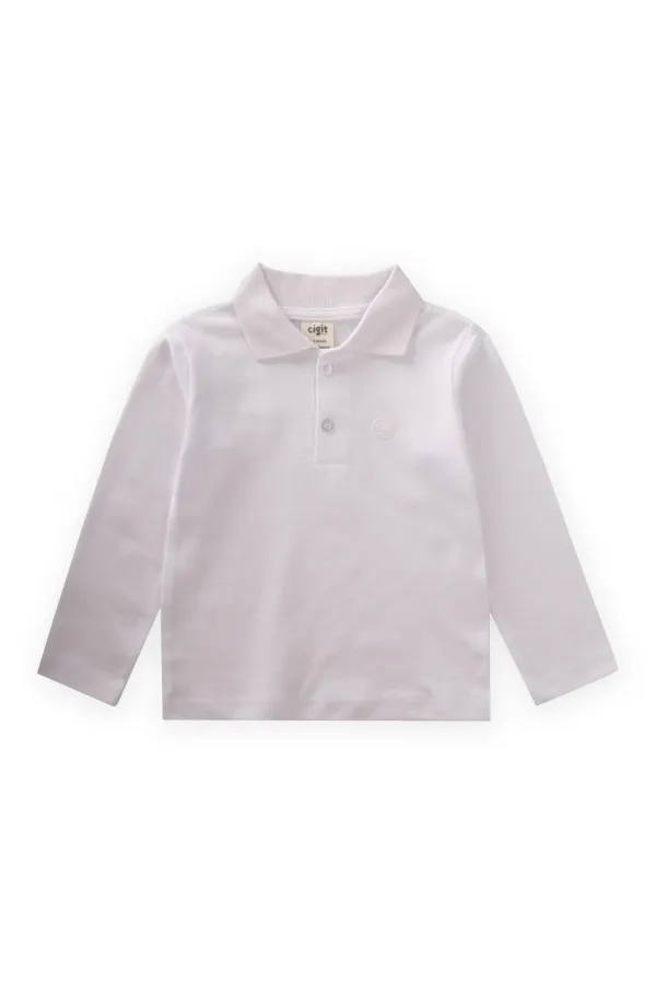 T-shirt à manches longues et col polo, blanc cassé, pour enfants de 2 à 14 ans