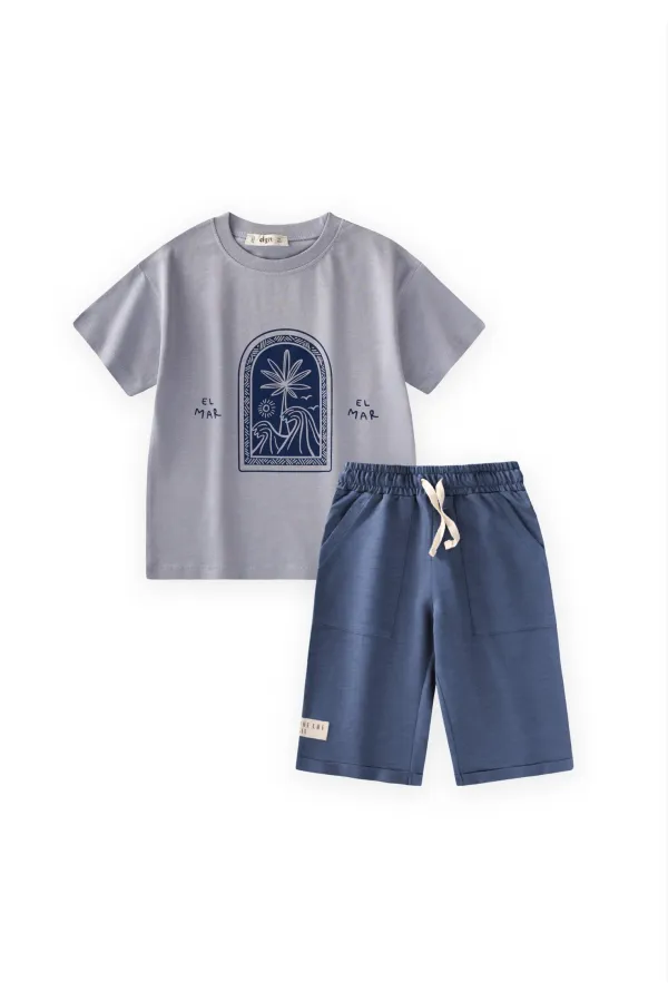 Ensemble Capri à imprimé palmier abstrait, 2-8 ans, bleu pastel