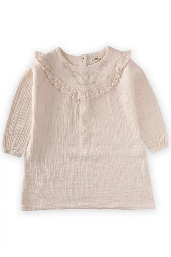 Robe en mousseline brodée pour enfants de 2 à 8 ans, couleur crème