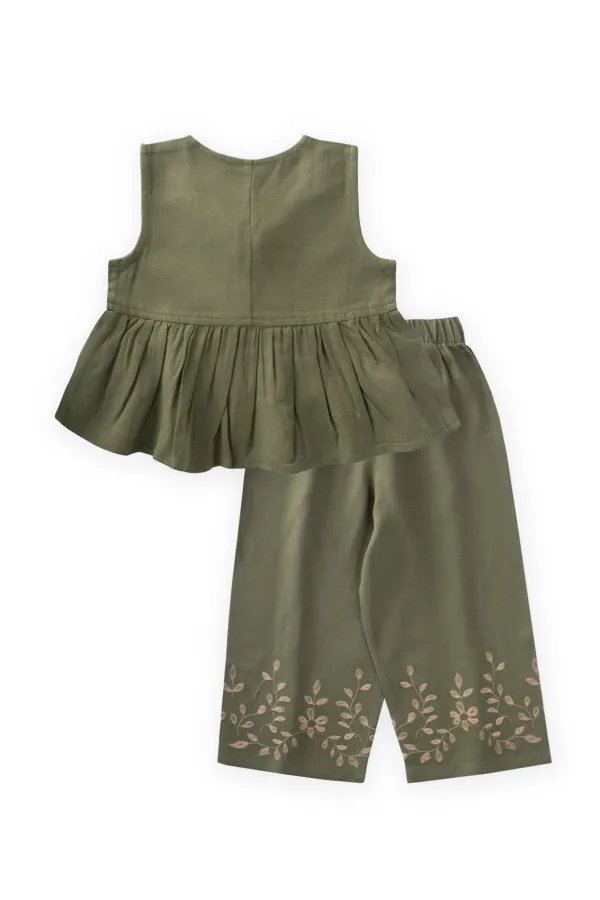 Linen Suit with Embroidered Legs, Khaki Green for 2-7 Years Old Linen Suit with Embroidered Legs, Khaki Green for 2-7 Years Old