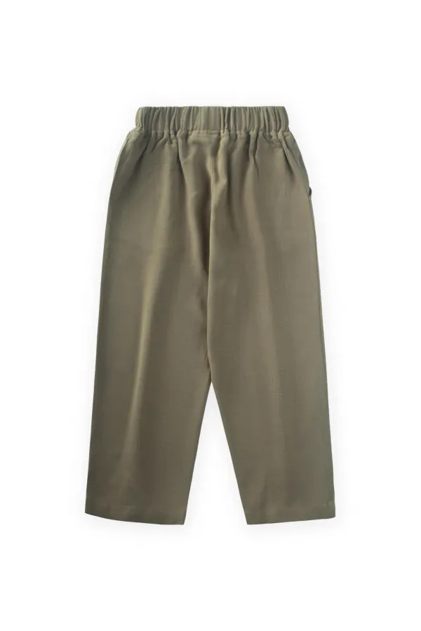 A Pleated Linen Trousers with Closed Legs and Waist, Khaki Green for Ages 2-7