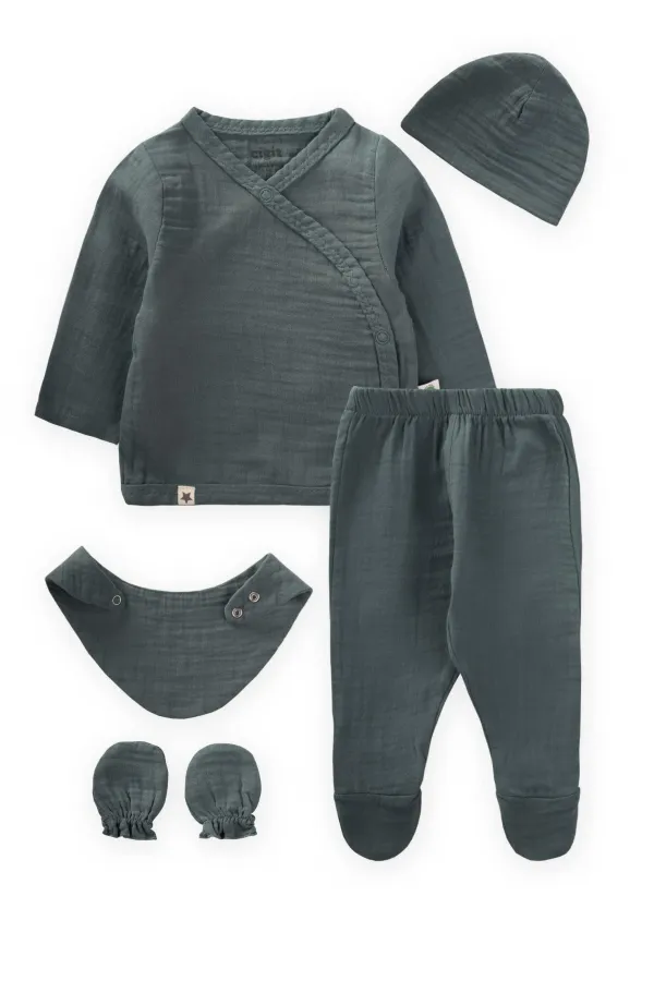 Organik Hastane Çıkışı Bebek Takımı 0-3 Ay Haki Yeşil