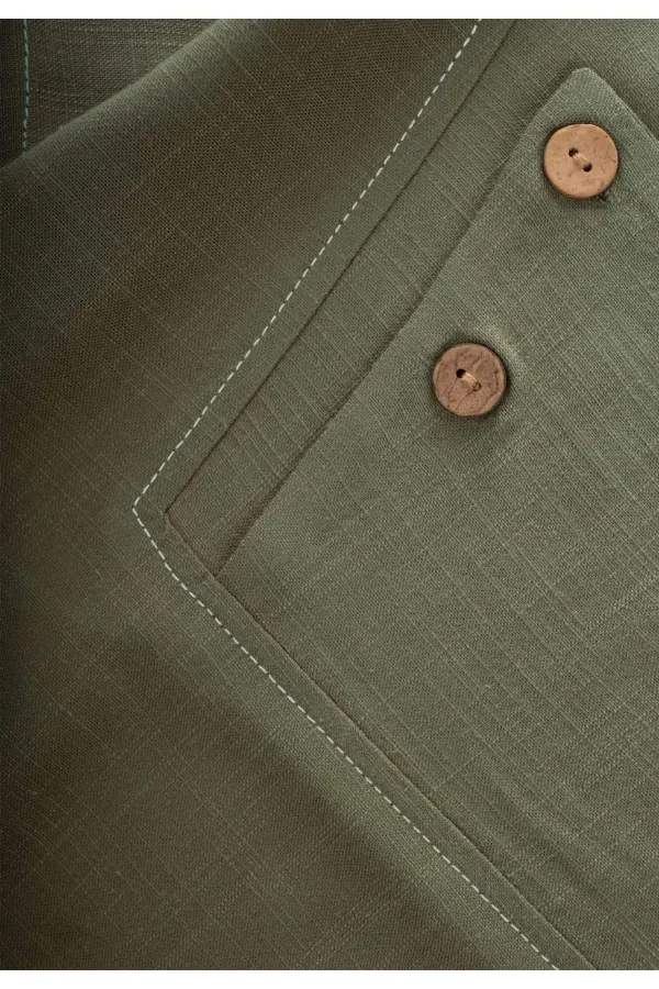 Kontrast Dikişli Keten Bluz 2-7 Yaş Haki Yeşil