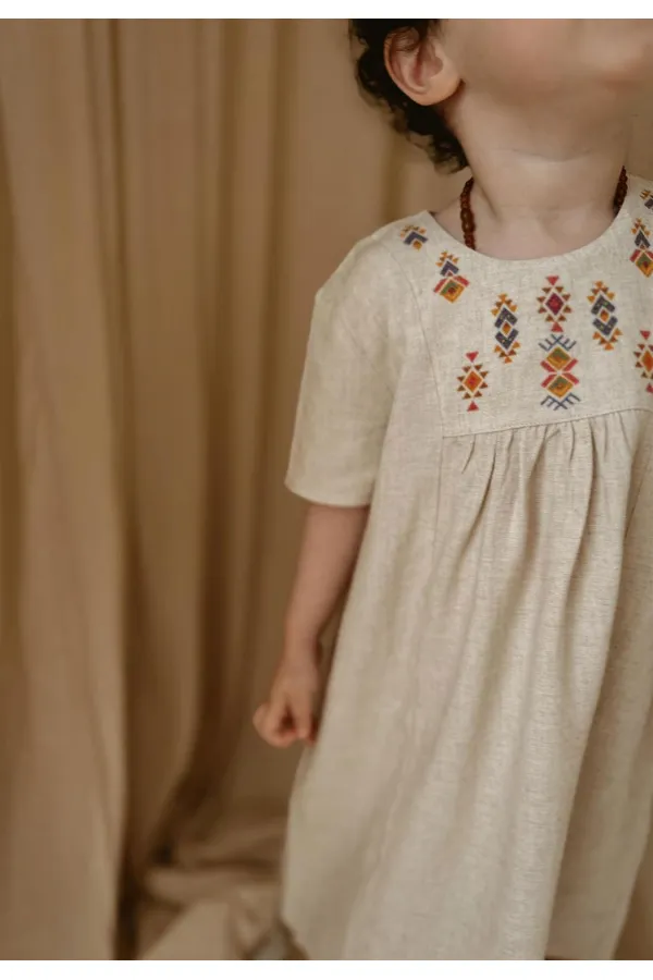 Etnik Desen Baskılı Keten Elbise 2-7 Yaş Naturel