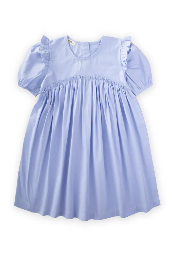 Robadan Fırfır Büzgülü Poplin Elbise 2-7 Yaş Mavi