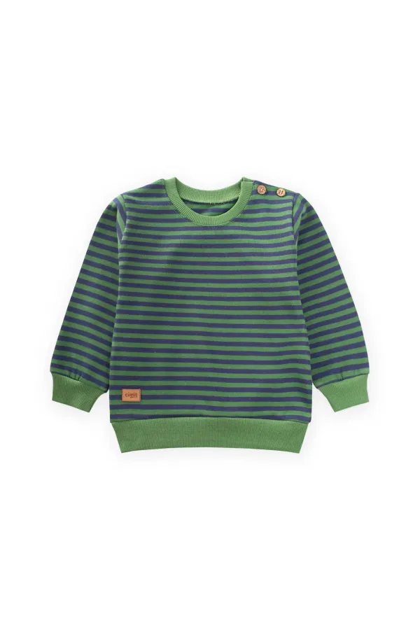 Çizgili Triko Sweatshirt 0-4 Yaş Haki Lacivert