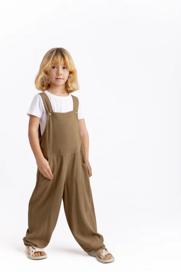 Salopette en lin à jambes larges, couleur caramel, 2-7 ans