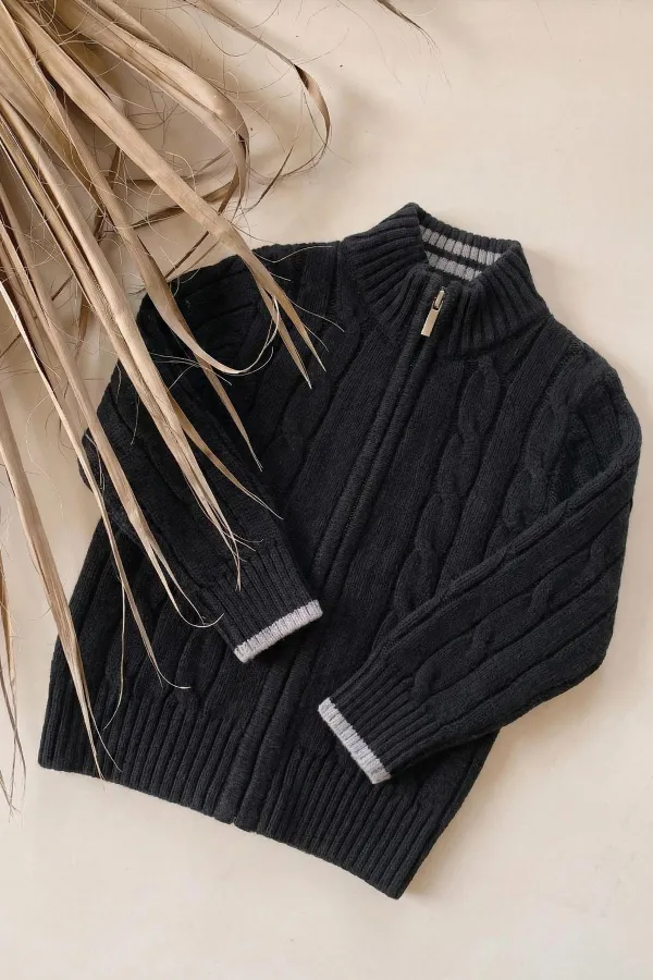 Saç Örgü Triko Hırka 2-11 Yaş Siyah