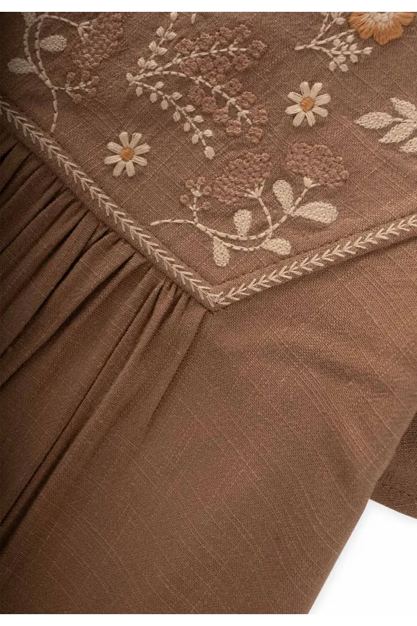 Robe en lin brodé pour enfants de 2 à 7 ans, couleur caramel