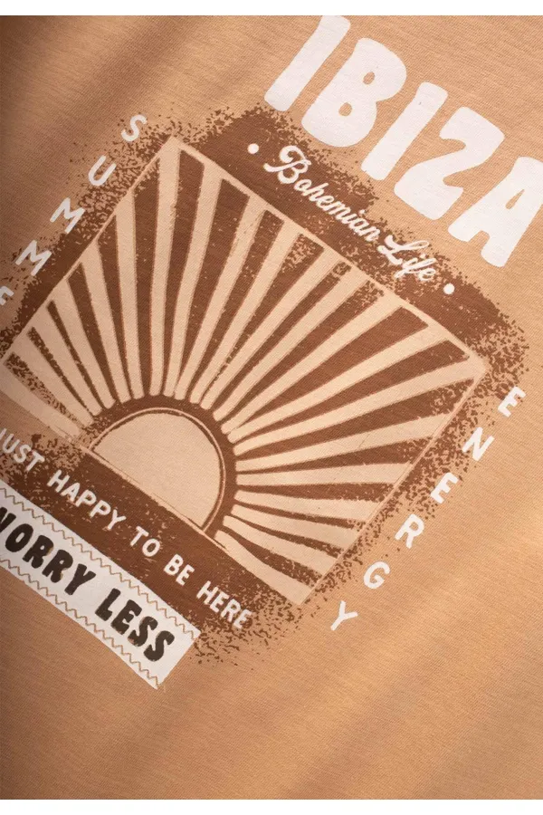 T-shirt imprimé Ibiza, couleur camel, pour enfants de 8 à 12 ans.