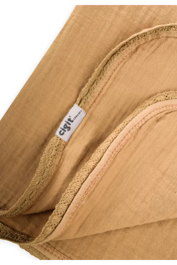 Lace Embroidered Single Layer Muslin Blanket 100x100 cm +/- 3 cm Mustard Yellow