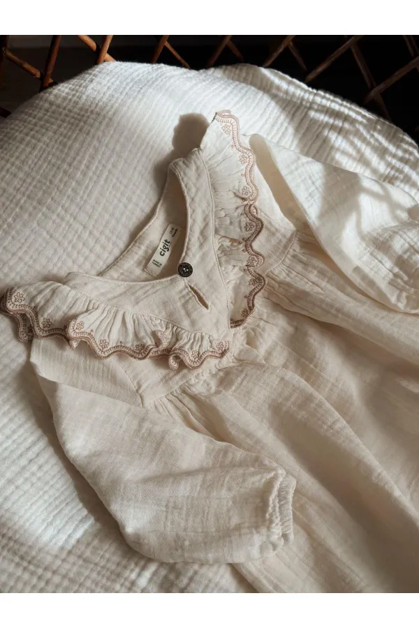 Organik Etnik Nakışlı Müslin Elbise 1-8 Yaş Naturel