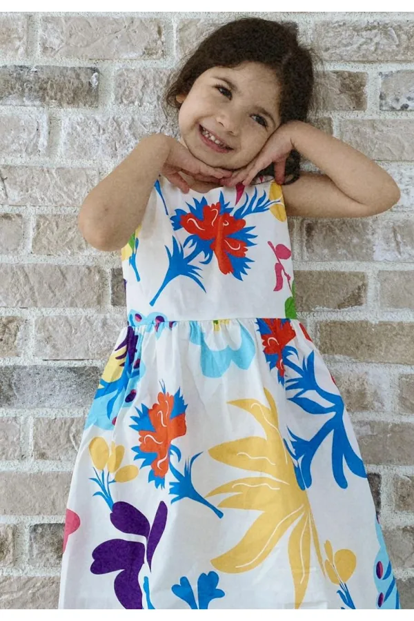 Çiçek Baskılı Elbise 2-7 Yaş Ekru
