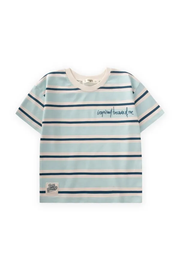 T-shirt à larges rayures brodées pour enfants de 2 à 10 ans, rayures turquoise et bleu marine