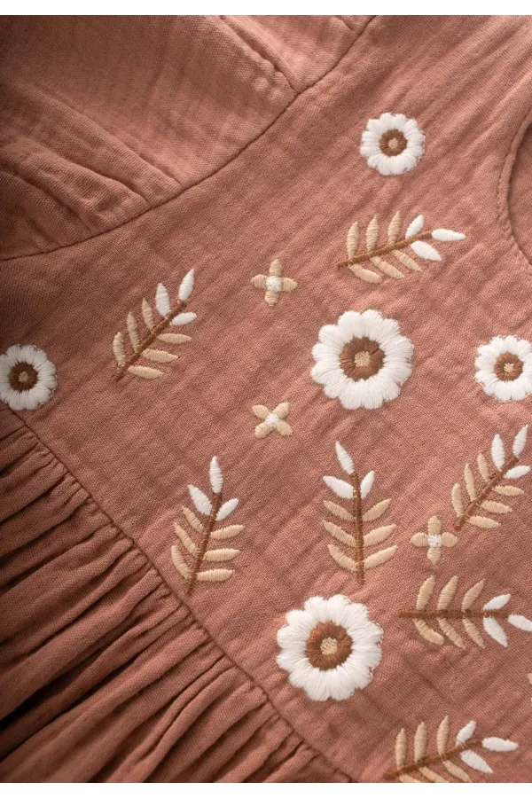 Robe à manches papillon brodée de fleurs, 2-8 ans, marron clair