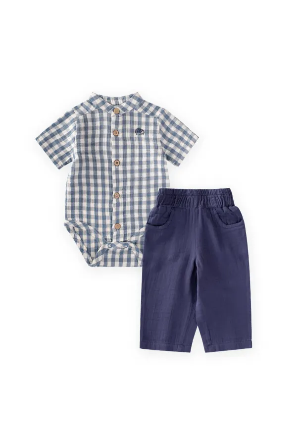 Ensemble chemise et body 0-3 ans à carreaux indigo
