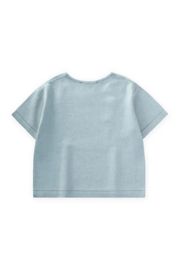 Kontrast Dikişli Keten Bluz 2-7 Yaş Mavi