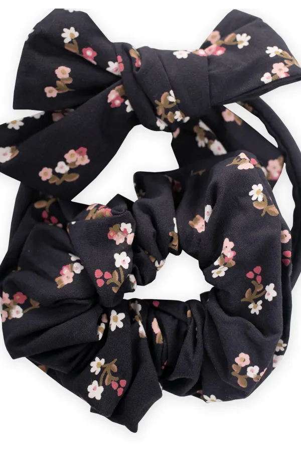 Crown Bow Elastic Hair Clip Set Navy Blue Floral