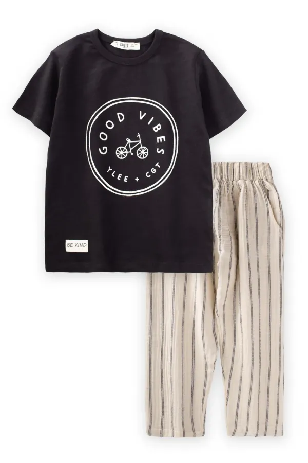 Bisiklet Baskılı Çizgili Müslin Pantolonlu Takım 2-10 Yaş Siyah