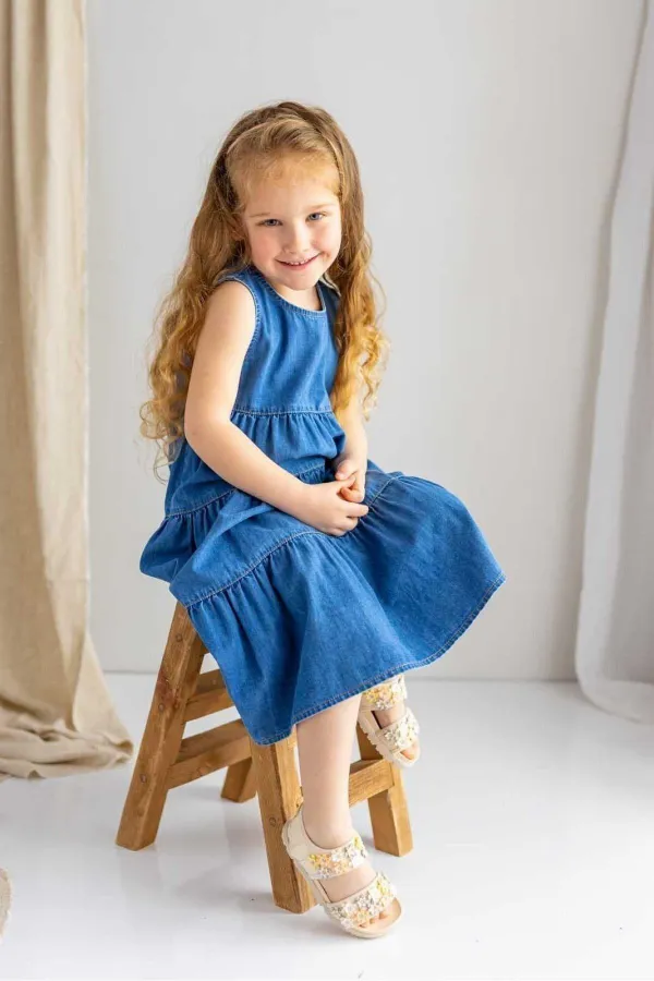 Katlı Kot Elbise 2-7 Yaş Mavi