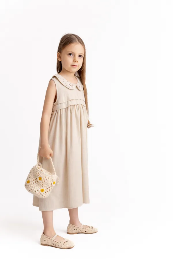 Baby Collar Embroidered Linen Dress for 2-7 Years Old, Natural