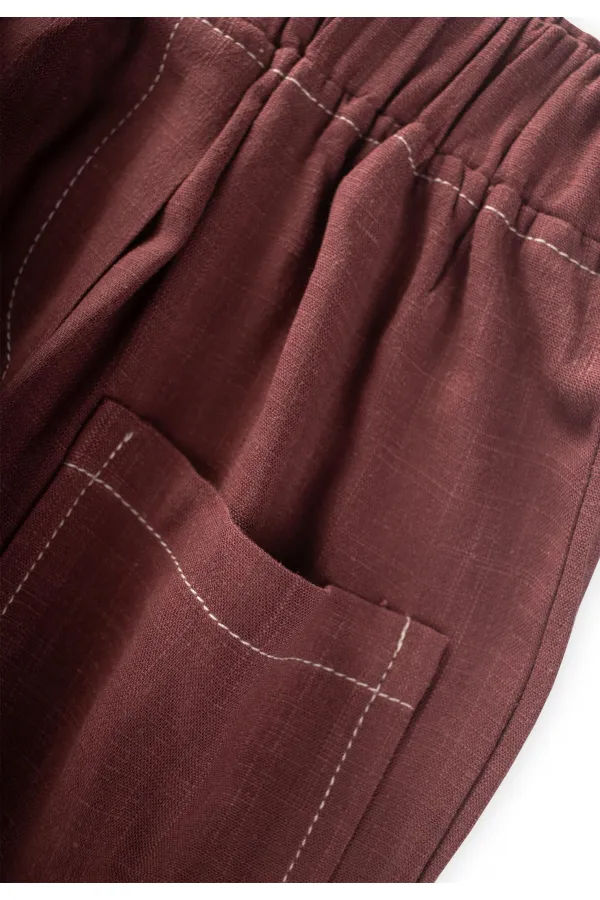 Kontrast Dikişli Keten Pantolon 2-7 Yaş Mürdüm