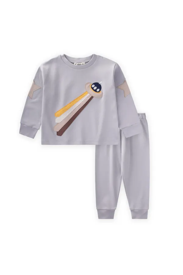 Uzay Aracı Aplikeli Pijama Takım 2-8 Yaş Gri