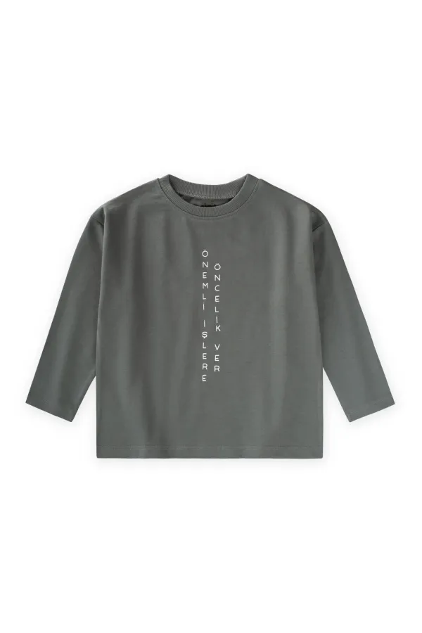 Sloganlı Uzun Kollu T-Shirt 2-10 Yaş Haki Yeşil