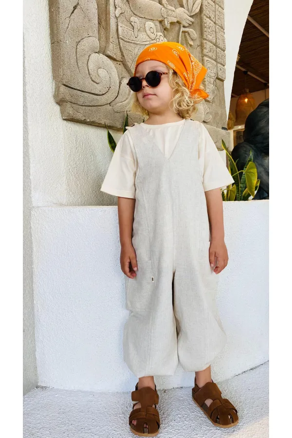 Salopette en lin à col V élastiqué, couleur naturelle, 2-7 ans