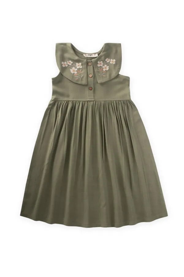 Nakışlı Roba Yaka Keten Elbise 2-7 Yaş Haki Yeşil