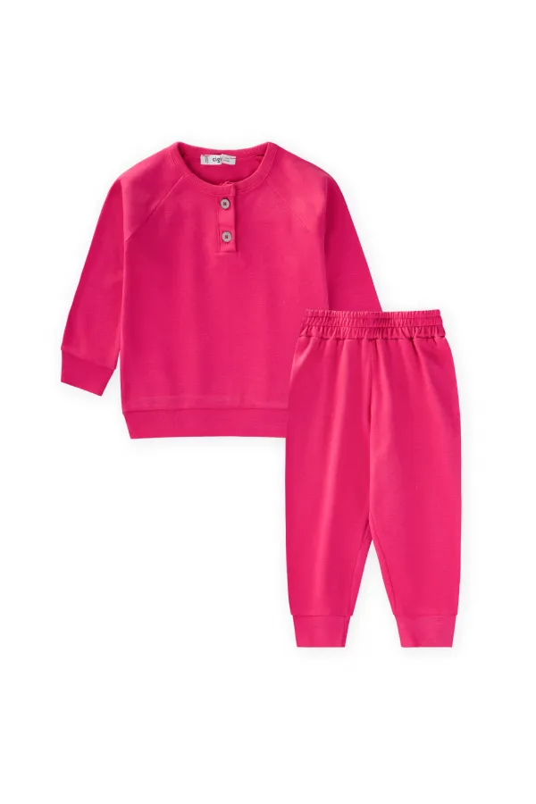 Raglan Sleeve Placket Boys Basic Suit 1-5 Years Fuchsia
