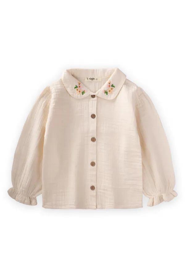 Nakışlı Müslin Gömlek 2-8 Yaş Naturel