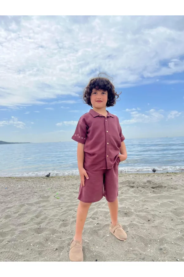 Kolları Nakışlı Gömlek Şort Keten Takım 2-7 Yaş Mürdüm