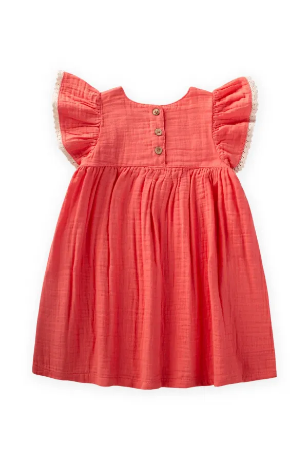 Organik Nakışlı Müslin Kız Elbise 2-10 Yaş Mercan